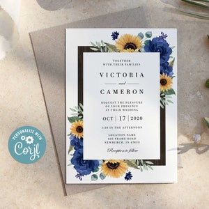 Sunflower and Roses Royal Blue Wedding Invitation, Rustic Sunflower Wedding Invitation, Printable, Wood Country Invite
