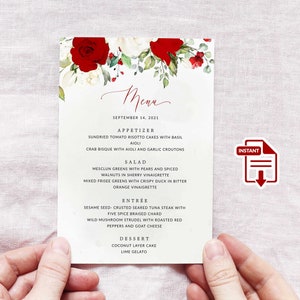 ROSIE - Plantilla de tarjeta de menú de boda floral roja, Plantilla de menú de rosas rojas y blancas, Menú de boda editable, Tarjeta de menú imprimible, Menú de boda