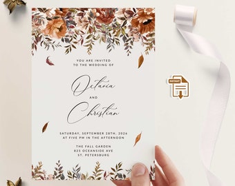 Rustic Fall Wedding Invitation, Terracotta Fall Wedding Invitation Template, Boho Autumn Wedding Invitation, Burnt Orange Wedding Invite