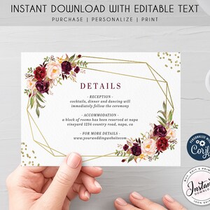 Carta di recinzione dei dettagli del matrimonio geometrico rosso rosso bordeaux, modello di scheda dei dettagli del matrimonio, download istantaneo stampabile, modificabile PDF