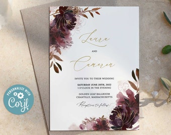 May include: Wedding invitation with a burgundy floral design. The invitation reads "Laura and Cameron invite you to their wedding Saturday June 28th, 2022 1 o'clock in the evening Golden Leaf Ballroom Chantilly, Massachusetts Reception to follow"