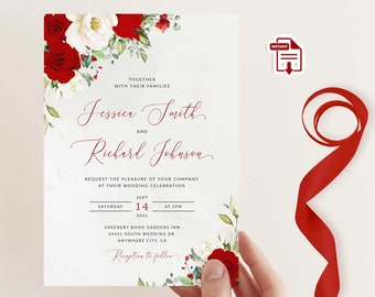 ROSIE - Red and White Roses Invitation, Red roses wedding invitation, Red wedding invite, Red flowers and greenery invite, Instant download