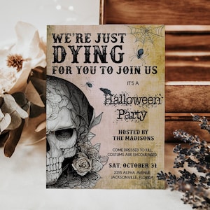 Modello modificabile di invito di Halloween vintage, invito alla festa di Halloween, invito di Halloween per adulti, invito modificabile alla festa di Halloween