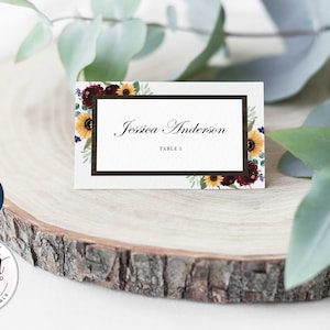 Modèle de cartes de lieu de mariage, tournesol et roses Bourgogne Rouge bleu marine Cartes de nom de mariage, eucalyptus, cartes de lieu imprimables Boho rustique