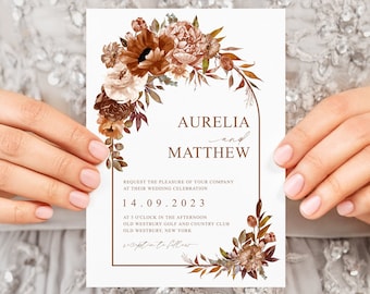 Bohemian Rustic Fall Wedding Invitation Template, Autumn Invitations, Fall Wedding invites, Burnt Orange Wedding, Terracotta wedding Invites