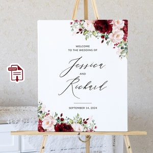 Rustic Burgundy Blush Floral Greenery Wedding Welcome Sign Template, Burgundy Welcome Sign, Editable Sign for Wedding, Wedding Welcome Sign