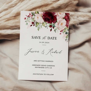 Rustic Burgundy Blush Floral Greenery Wedding Save the date Template, Burgundy Save the date Template, blush editable save the date, wedding