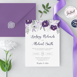 Lila und Silber Aquarell Florale Hochzeitseinladung, Lila Florale Hochzeitseinladung, Silber florale Hochzeitseinladung