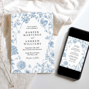 Dusty Blue Vintage Floral Wedding Invitation Template, Printable Botanical Invite, Instant Download, Printable Invitation