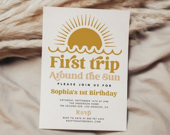 Boho First Trip Around The Sun Birthday Invitation, Boho Sun 1st Birthday Invitation, Sunshine Birthday invite, Girl First Birthday Retro