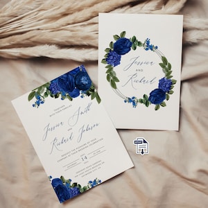 Royal Blue Wedding Invitation, Royal Blue roses wedding invitation template, blue floral wedding invitation download, Royal Blue Invitation