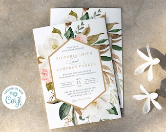 Magnolia Wedding Invitation, Wedding Invitation Template Download, Elegant Wedding Invitation, Editable Wedding Invitation, Southern Wedding