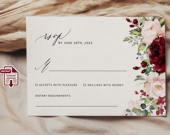 Rustic Burgundy Blush Floral Greenery RSVP Card Template, Burgundy RSVP Insert Card, blush editable Insert Enclosure, RSVP card, reply card