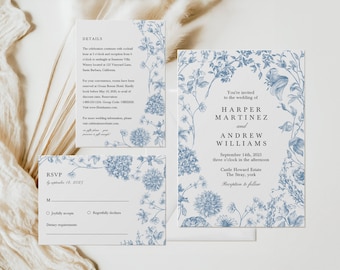 Dusty Blue Vintage Floral Wedding Set Invitation Template, Printable Botanical Invite, Instant Download, Printable Invitation Suite