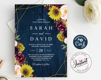 Sunflowers Burgundy Roses Navy Geometric Wedding Invitation, Sunflower Burgundy Wedding, Navy Geometric, Edit yourself Instant Download