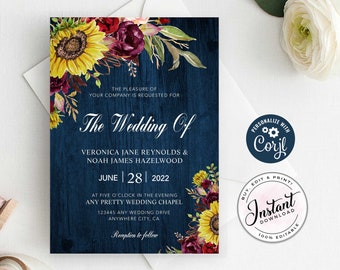 May include: Wedding invitation with a navy blue wood grain background. The invitation features floral accents of sunflowers and burgundy flowers. Text includes the names of the couple, wedding date, time, and location. The invitation also has a "Personalize with Corjl" and "Instant Download" logo.