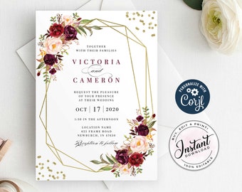 Blush Burgundy Floral Modern Gold Frame Wedding Invitation, Wedding Invitation, Editable Template, Instant Download