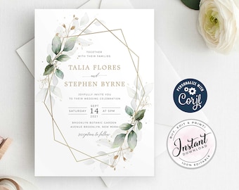 Greenery Green and Gold Geometric Rustic Wedding Invitation, green and gold geometric wreath wedding invitation, Invitation template, Invite