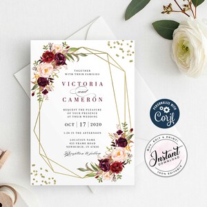 Blush Bordeaux Floral Modern Gold Rahmen Hochzeitseinladung, Hochzeitseinladung, editierbare Vorlage, Direkter Download