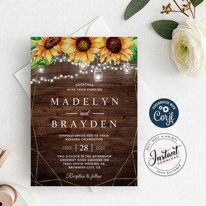 Rustikale Lichter Sonnenblumen Scheunenholz HochzeitSeinladung, Hochzeitseinladung, Elfenlichter, Instant Download, Corjl