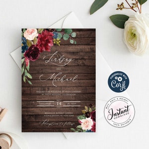 Rustic Wood Burgundy Red Wine Wedding Invitation, Navy Blue Burgundy Gold Blush Pink Country Wedding Invitation, navy blue wedding, invite