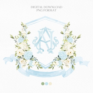 May include: Watercolor design featuring a light blue monogram within a shield shape, surrounded by white roses, blue hydrangeas, and greenery. A light blue ribbon is at the bottom. Text at the top reads "DIGITAL DOWNLOAD PNG FORMAT."