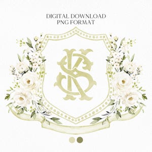 Creamy Rose Ivory Greenery White Flower Wedding Crest - Monogram Crest - White Floral Watercolor Wedding Crest - Romantic Wedding Crest