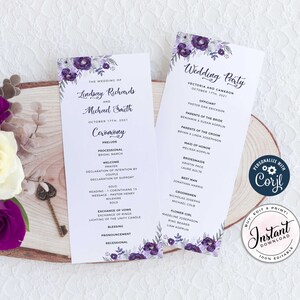 May include: Purple and white floral wedding ceremony programme with the names Lindsay Richards and Michael Smith and the date 17th October 2021. The programme lists the order of events for the ceremony. A separate card lists the wedding party with names and titles.