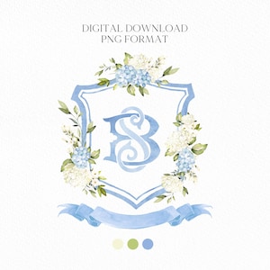 May include: A blue and white watercolor monogram crest with the letters "SB" in a decorative font. The crest is surrounded by a wreath of white and blue flowers and green leaves. A blue ribbon is tied below the crest.