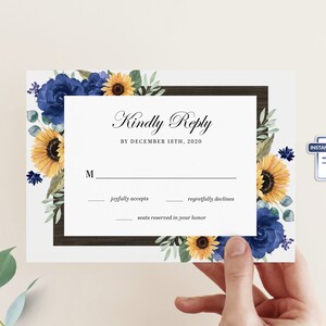 Tournesol et roses Royal Blue Wedding RSVP, Rustic Sunflower Wedding Reply Card, Imprimable, Wood Country Response Card, Wedding RSVP
