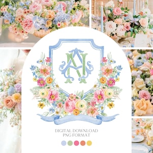 Wildblumen Hell Blumen Bunt Aquarell Hochzeitskamm - Monogramm Wappen - Blumen Aquarell Hochzeitskamm - Romantisches Hochzeitswappen