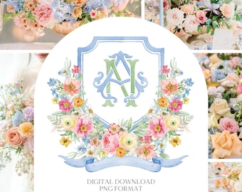 Wildflowers Bright Floral Colorful Watercolor Wedding Crest - Monogram Crest - Floral Watercolor Wedding Crest - Romantic Wedding Crest