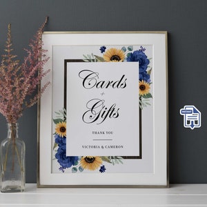 Tournesol et roses Royal Blue Cadeaux et cartes de mariage Signe, Panneau de mariage de tournesol rustique, Imprimable, Panneau personnalisé de pays en bois, Modifiable
