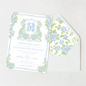 Botanical Floral Blue Flower Wedding Crest - Wedding Monogram Crest - Printable Wedding Invitation - Envelope liner, Blue Flower Invitation