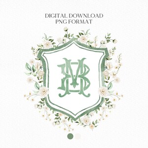 White Rose Greenery White Flower Wedding Crest - Monogram Crest - White Floral Watercolor Wedding Crest - Romantic Wedding Crest