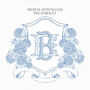 Vintage Hydrangea Flower Wedding Crest - Monogram Crest - Hydrangea Floral Luxury Line art Wedding Crest - Romantic Wedding Crest