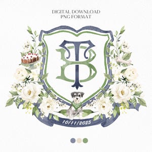 Creamy Rose Ivory Greenery White Flower Wedding Crest - Monogram Crest - White Floral Watercolor Wedding Crest - Romantic Wedding Crest