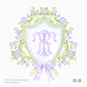 Watercolor Purple Flower Wedding Crest - Monogram Crest - Botanical Floral Watercolor Wedding Crest - Vintage Green Floral Wedding Crest