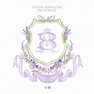 Lilac Lavender Purple Flower Wedding Crest - Monogram Crest - lavender purple Floral Luxury Watercolor Wedding Crest, Romantic Wedding Crest
