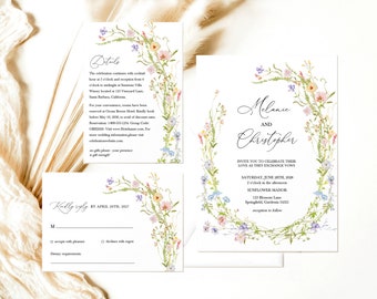 Wildflower Wedding Invitation Template, Printable Wedding Invitation, Wedding Invitation, Pastel Wildflower Invitation, Floral Wreath invite