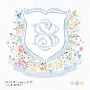 Blue Wildflowers Bright Floral Colorful Watercolor Wedding Crest - Monogram Crest - Floral Watercolor Wedding Crest - Romantic Wedding Crest