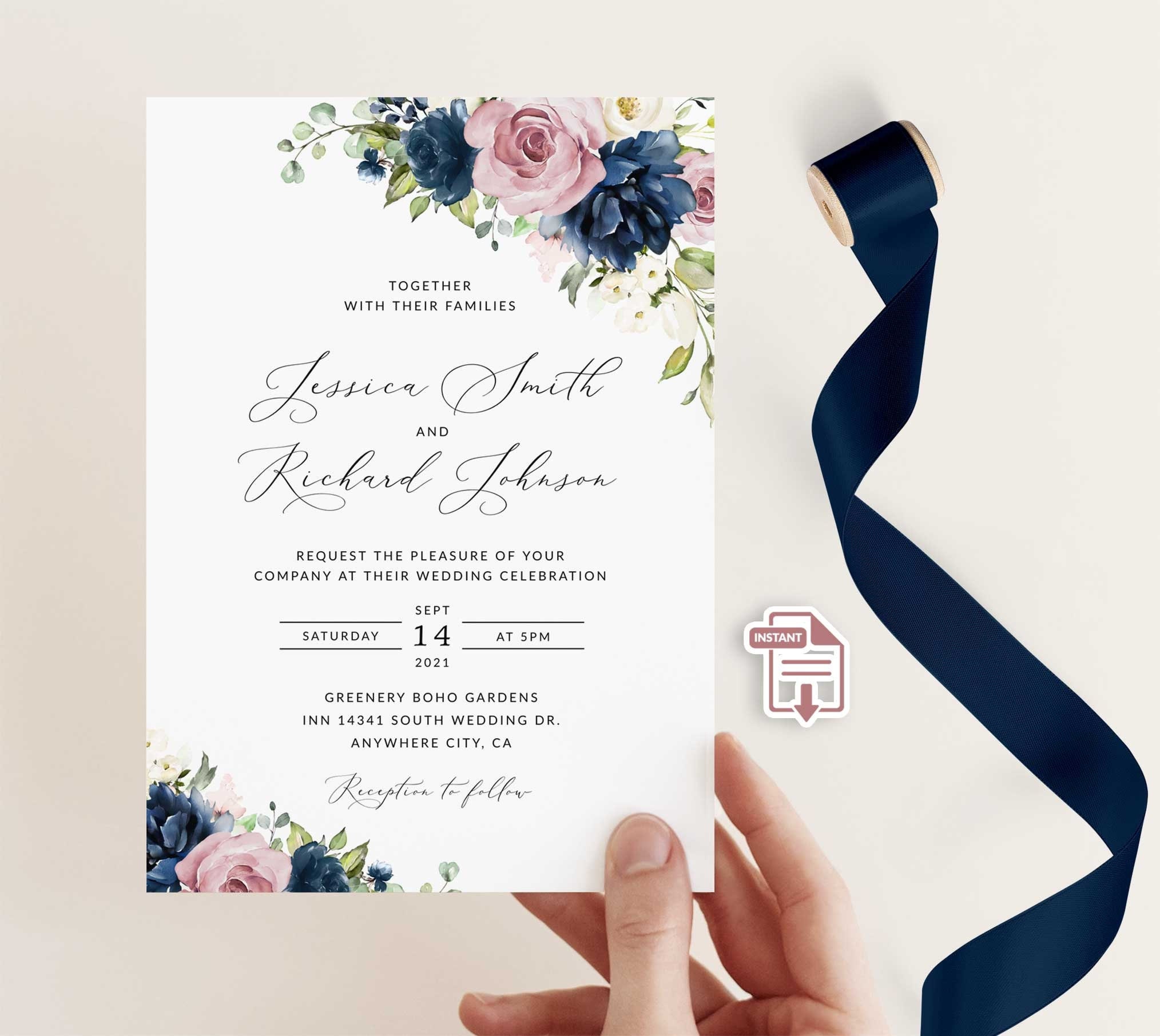 Rose Gold Navy Blue Dusty Pink Floral Wedding Invitation, Dusty Pink and  Navy Blue Invitation Template, Dusty Rose and Navy Wedding Invite - Etsy, image size:2028x1812