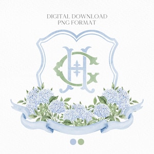 Stemma nuziale con fiore di ortensia blu - Stemma monogramma - Stemma nuziale con ortensia blu chiaro floreale di lusso con acquerello - Stemma nuziale romantico