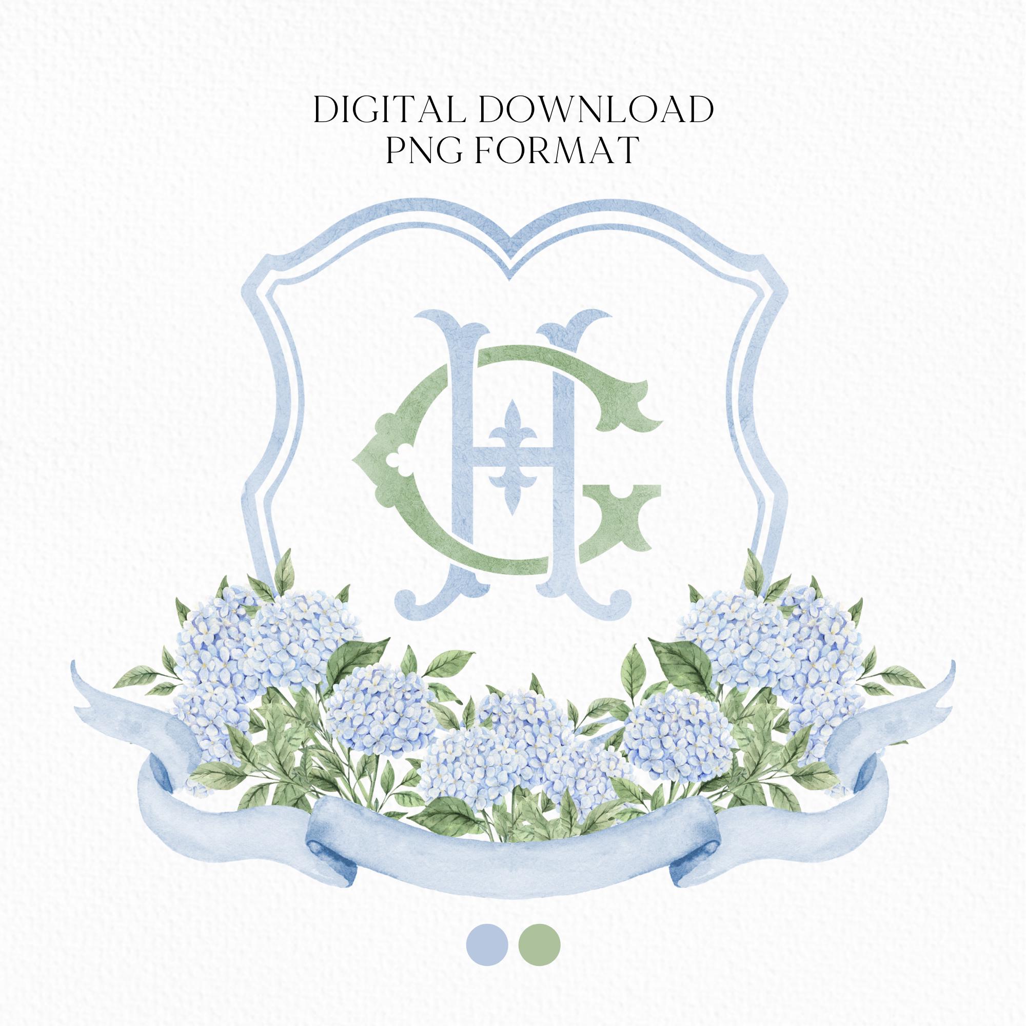 Blue Hydrangea Flower Wedding Crest - Monogram Crest - Hydrangea Light Blue Floral Luxury Watercolor Wedding Crest - Romantic Wedding Crest