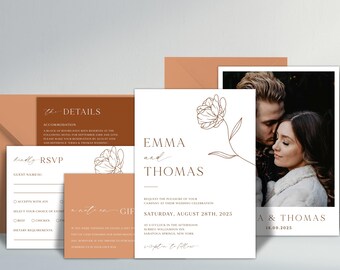 Minimalist Wedding Invitation Template Suite, Modern Terracotta Wedding invite Set, Rust Botanical Floral Invitation Template Download