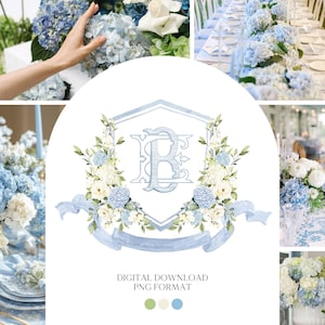 Weiße Rosen Hortensien Blume Hochzeitswappen - Monogramm Wappen - Hortensien Blumen Luxus Aquarell Hochzeitswappen - Romantisches Hochzeitswappen