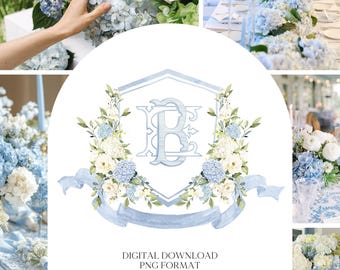 White Roses Hydrangea Flower Wedding Crest - Monogram Crest - Hydrangea Floral Luxury Watercolor Wedding Crest - Romantic Wedding Crest