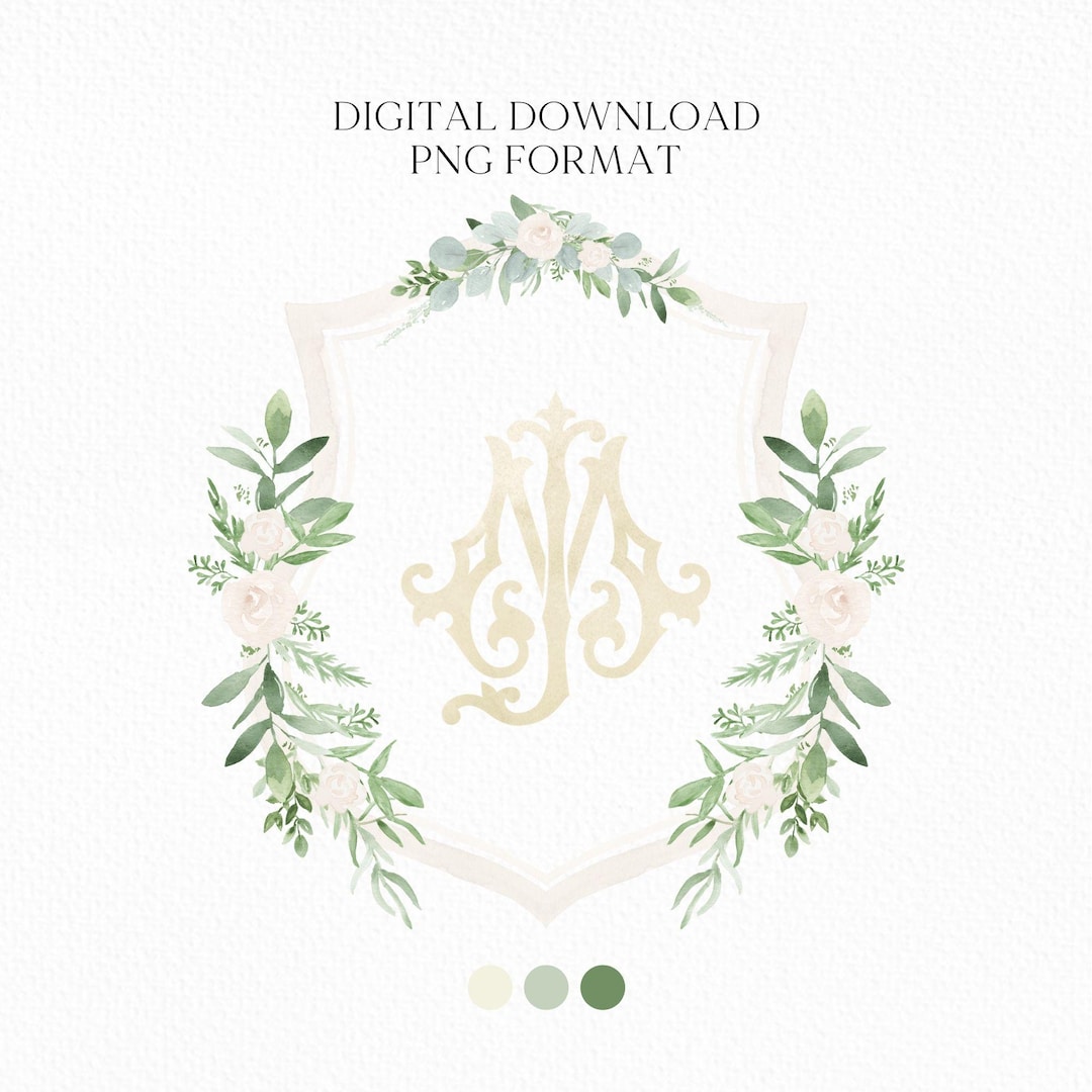 Greenery and White Floral Wedding Crest - Monogram Crest - White Floral ...