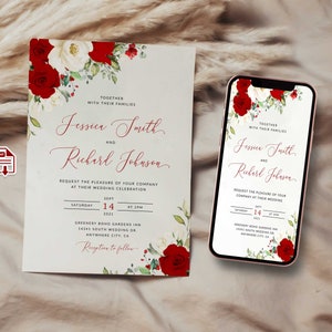 K&ouml;nnte beinhalten: Hochzeitseinladung mit roten Rosen, wei&szlig;en Blumen und gr&uuml;nen Bl&auml;ttern. Die Einladung enth&auml;lt die Namen Jessica Smith und Richard Johnson sowie Datum und Uhrzeit der Hochzeit. Ein Smartphone zeigt das gleiche Design.