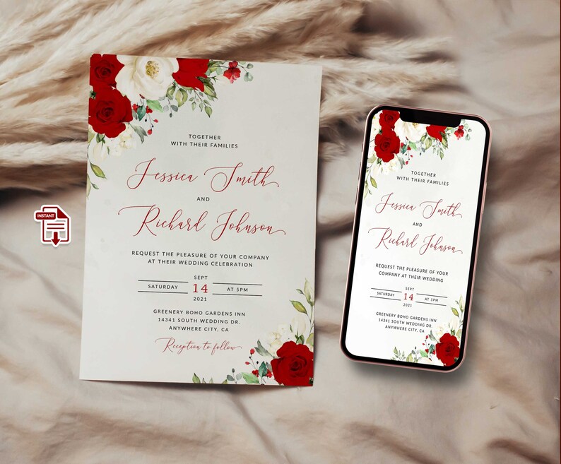 K&ouml;nnte beinhalten: Hochzeitseinladung mit roten Rosen, wei&szlig;en Blumen und gr&uuml;nen Bl&auml;ttern. Die Einladung enth&auml;lt die Namen Jessica Smith und Richard Johnson sowie Datum und Uhrzeit der Hochzeit. Ein Smartphone zeigt das gleiche Design.